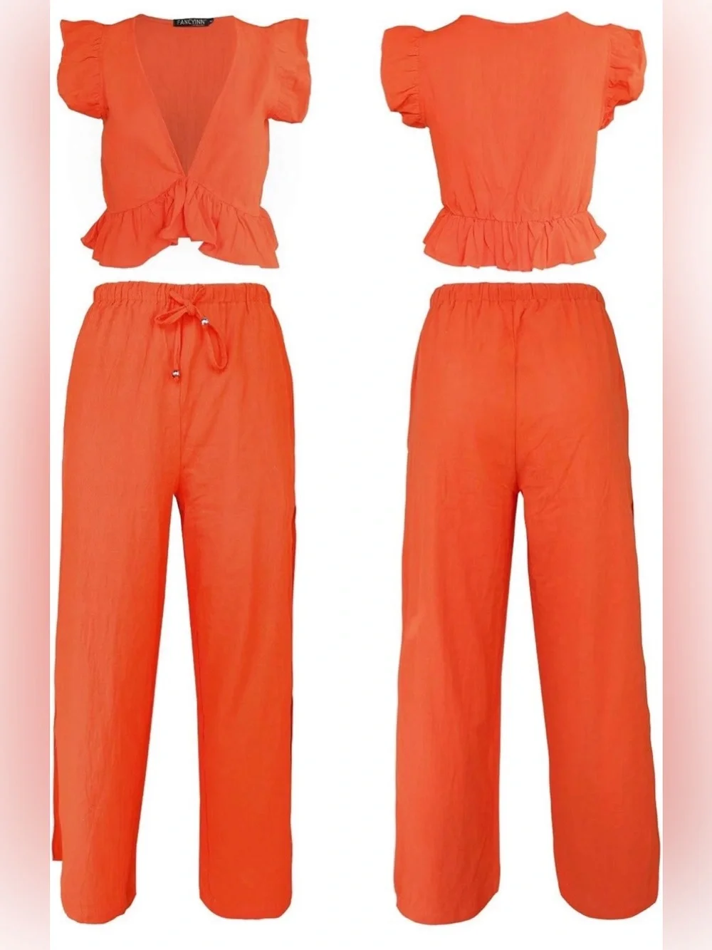 Fancyinn 2 Piece Deep V Neck Crop Top With Side Slit Drawstring Pants L Orange - Picture 4 of 9